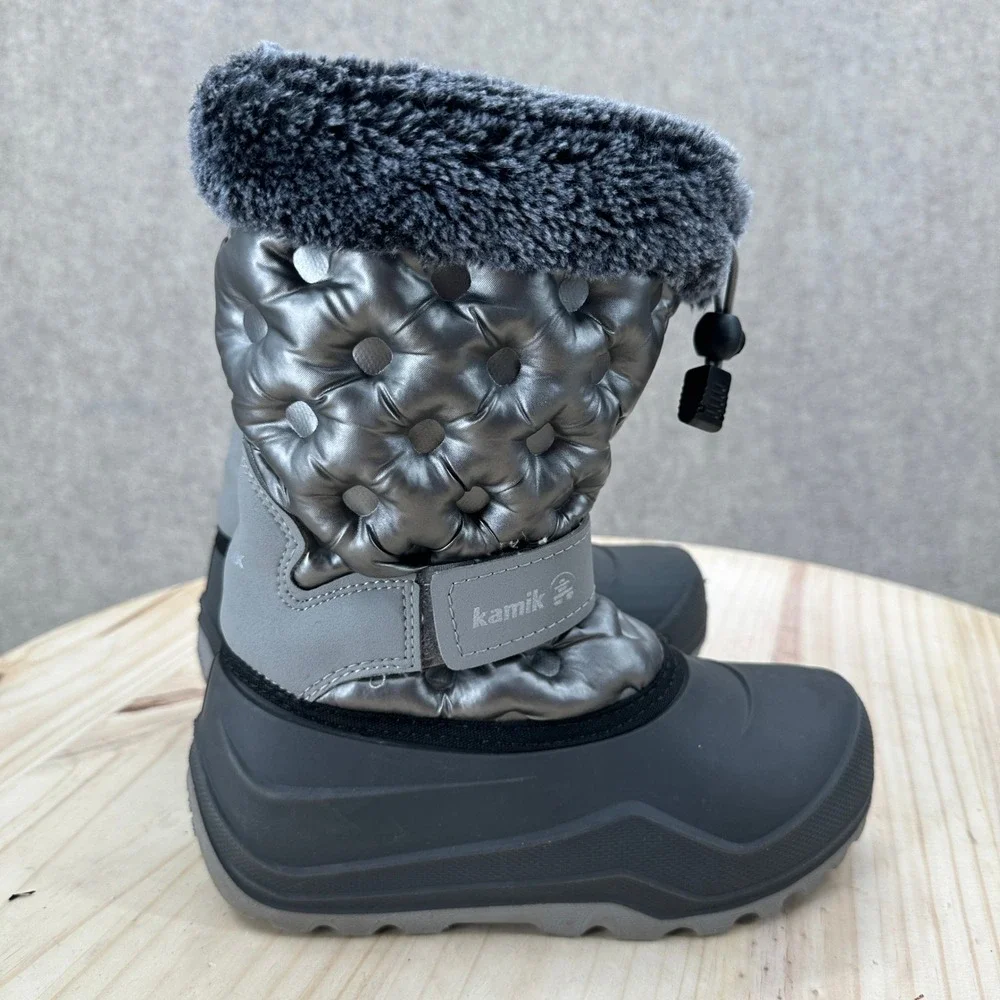 Kamik Kids Penny 3 Winter Boots Metallic Silver Quilted Snow Boots 2 Faux Fur